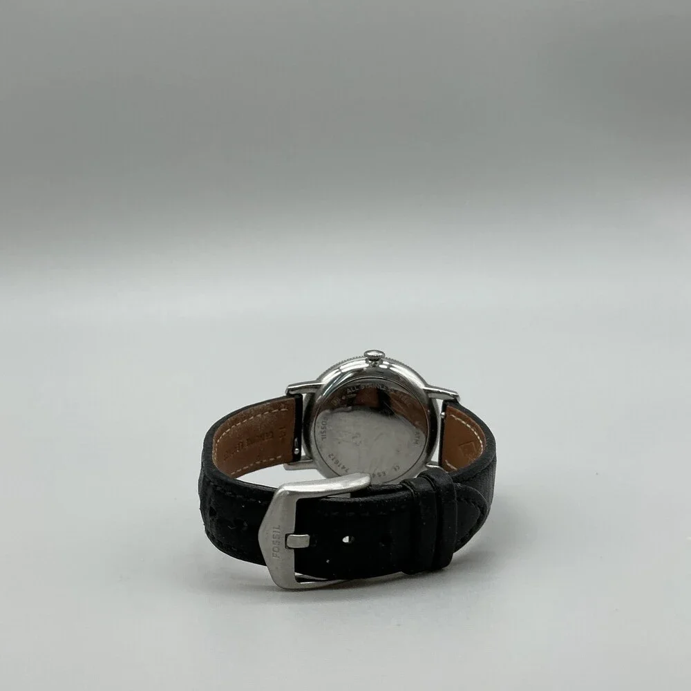 Fossil ES4186 Neely Womens Watch 33mm Silver Tone Black Leather New Battery